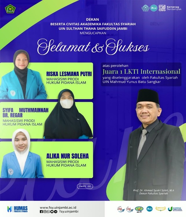 Poster ucapan selamat dan sukses dari Fakultas Syariah UIN Sultan Thaha SAifuddin Jambi atas pencapaian Riska Lesmana Putri Sebagai Juara 1 LKTI Internasional
